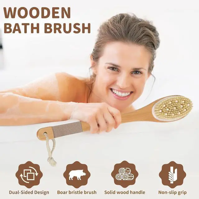 Alt view image 3 of 7 - Back Scrubber for Shower, Shower Brush Long Handle with Boar Bristle and Massage Nodes, Exfoliating Body Scrubber for Lymphatic Drainage, Cellulite & Blood Circulation