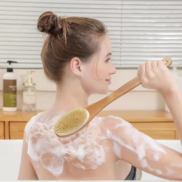 Alt view image 6 of 7 - Back Scrubber for Shower, Shower Brush Long Handle with Boar Bristle and Massage Nodes, Exfoliating Body Scrubber for Lymphatic Drainage, Cellulite & Blood Circulation