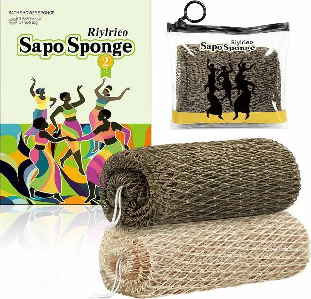 Main image of African Net Sponge for Shower, 2PCS Exfoliating Shower Sponge with Waterproof Travel Bag, Quick-Drying African Wash Cloth for Deep Cleansing & Smooth Skin (Linen & Light Brown)