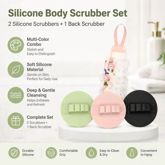 Alt view image 2 of 7 - 3-Pack Bath Scrubber Kit: 2 Silicone Exfoliating Pats & Double-Sided Long Handle Back Scrubber Bath Puff for Deep Cleansing. (Pink & Green & Pink)