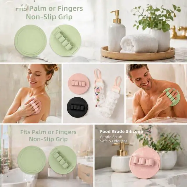 Alt view image 3 of 7 - 3-Pack Bath Scrubber Kit: 2 Silicone Exfoliating Pats & Double-Sided Long Handle Back Scrubber Bath Puff for Deep Cleansing. (Pink & Green & Pink)