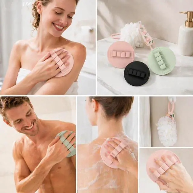 Alt view image 4 of 7 - 3-Pack Bath Scrubber Kit: 2 Silicone Exfoliating Pats & Double-Sided Long Handle Back Scrubber Bath Puff for Deep Cleansing. (Pink & Green & Pink)