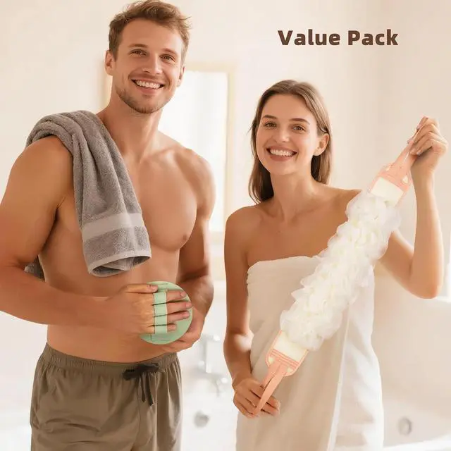 Alt view image 7 of 7 - 3-Pack Bath Scrubber Kit: 2 Silicone Exfoliating Pats & Double-Sided Long Handle Back Scrubber Bath Puff for Deep Cleansing. (Pink & Green & Pink)