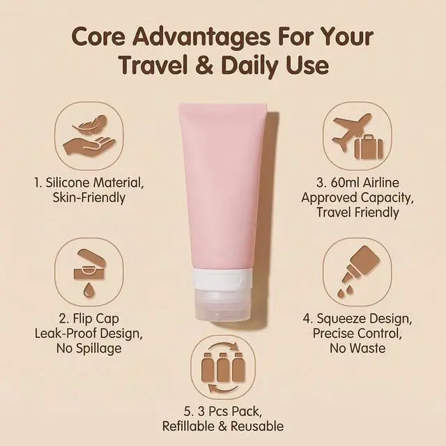 Alt view image 3 of 7 - 3PCS 60ml/2oz Empty Refillable Pink Soft Silicon Squeeze Tube Portable Travel Bottle Cosmetic Containers Storage Holder For Cream Lotion Facial Cleaner Shampoo Shower Gel Toiletries