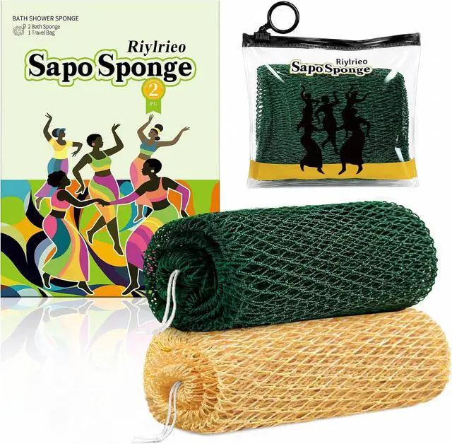 Main image of African Net Sponge for Shower, 2PCS Exfoliating Shower Sponge with Waterproof Travel Bag, Quick-Drying African Wash Cloth for Deep Cleansing & Smooth Skin (Forest Green & Gold)