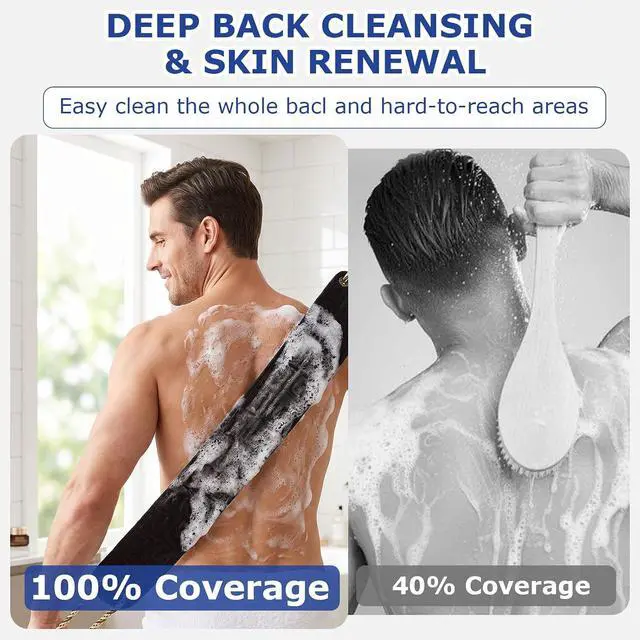 Alt view image 3 of 7 - Back Scrubber for Shower, 39 Inch Double-Sided Back Exfoliator with Handles, Exfoliate Body Scrub Washcloth Towel, Bath Sponge Loofah Luffa Back Washer for Men Women, Black