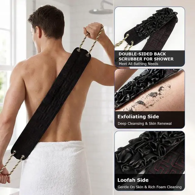 Alt view image 4 of 7 - Back Scrubber for Shower, 39 Inch Double-Sided Back Exfoliator with Handles, Exfoliate Body Scrub Washcloth Towel, Bath Sponge Loofah Luffa Back Washer for Men Women, Black
