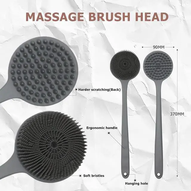 Alt view image 2 of 7 - Long Handle Silicone Back Scrubber,Double-Sided for All Skin Types(Gray
