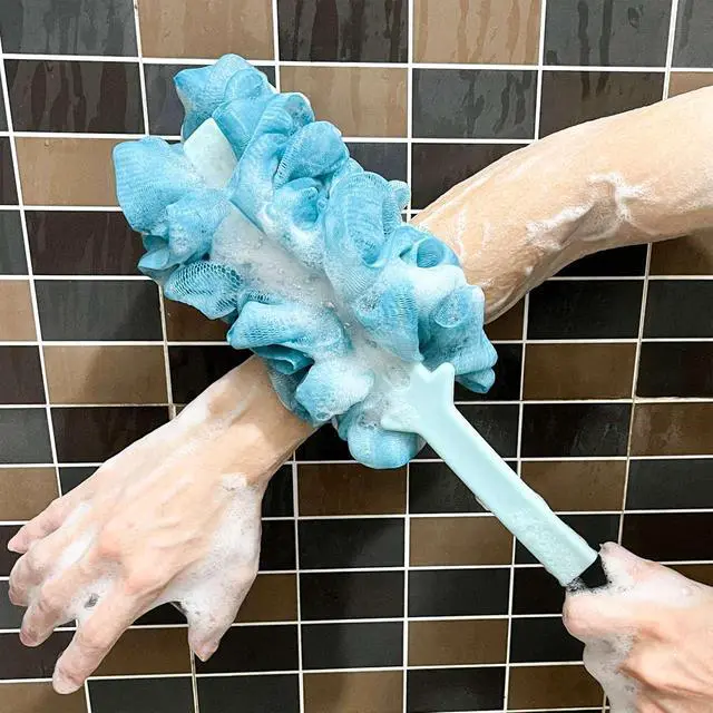 Alt view image 4 of 7 - 2 Pack Back Scrubber for Shower, Anti Slip Long Handle Bath Body Brush, Loofah with Handle, Back Scrub Brush, Soft Mesh Loofah Sponge Shower Brush for Women, Men, Elderly (2 Pack= Blue)