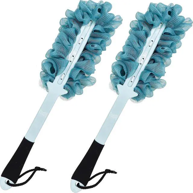 Alt view image 7 of 7 - 2 Pack Back Scrubber for Shower, Anti Slip Long Handle Bath Body Brush, Loofah with Handle, Back Scrub Brush, Soft Mesh Loofah Sponge Shower Brush for Women, Men, Elderly (2 Pack= Blue)