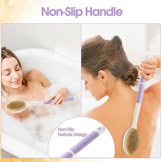 Alt view image 2 of 7 - Backski Back Scrubber Anti Slip for Shower, Long Handle Bath Brush with Stiff and Soft Bristles for Exfoliation, Dual-Use Shower and Dry Body Brush(Purple)