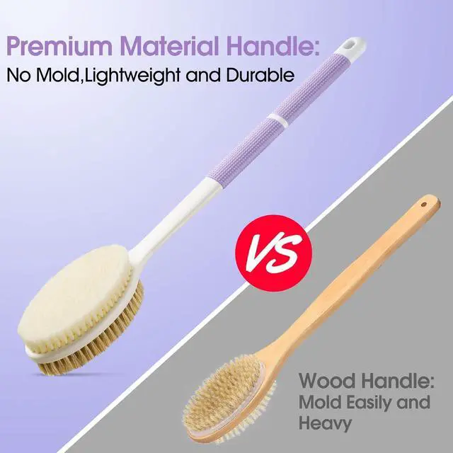 Alt view image 4 of 7 - Backski Back Scrubber Anti Slip for Shower, Long Handle Bath Brush with Stiff and Soft Bristles for Exfoliation, Dual-Use Shower and Dry Body Brush(Purple)