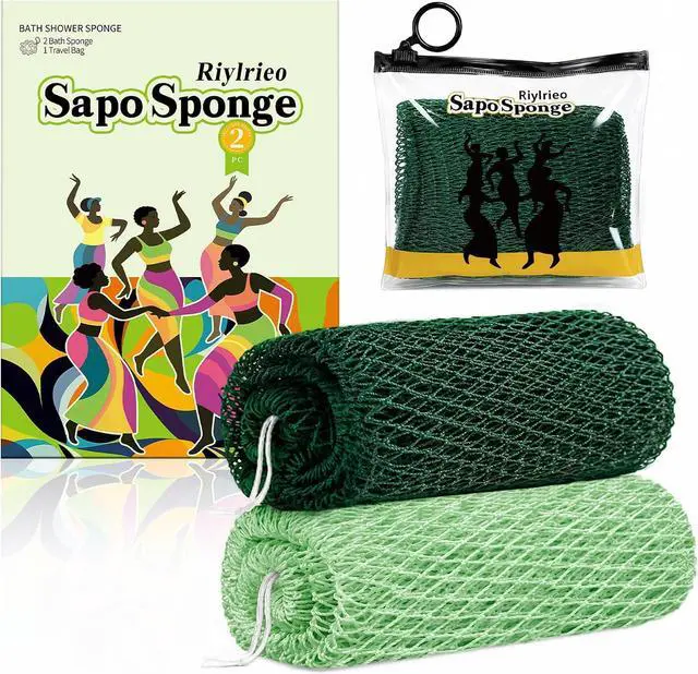 Main image of African Net Sponge for Shower, 2PCS Exfoliating Shower Sponge with Waterproof Travel Bag, Quick-Drying African Wash Cloth for Deep Cleansing & Smooth Skin (Mint Green & Forest Green)