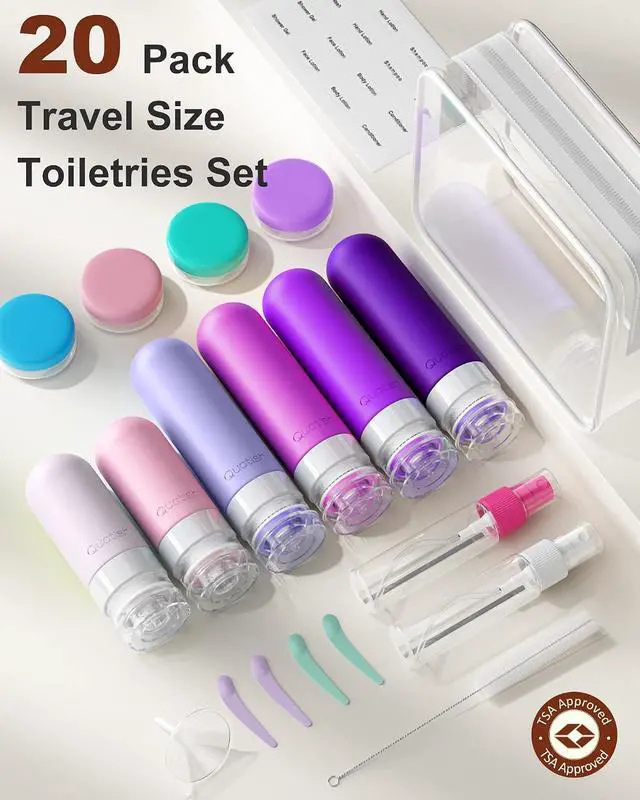 Alt view image 2 of 7 - 20 Pack Travel Bottles for Toiletries, Original Patented, TSA Approved Travel Size Containers, Leak Proof Silicone Shampoo and Conditioner Bottles Women & Men, Airplane Cruise Essentials, Purple