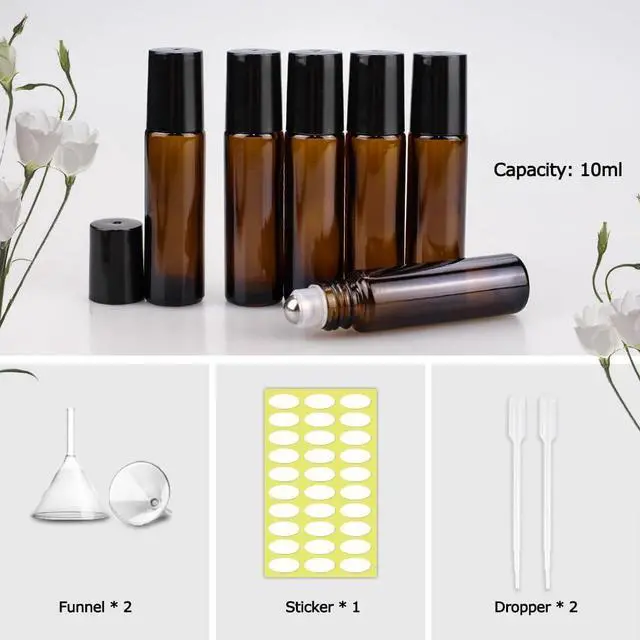 Alt view image 4 of 6 - Roller Bottles for Essential Oils - 12 Pack 10ml Amber Glass Roll on Bottle