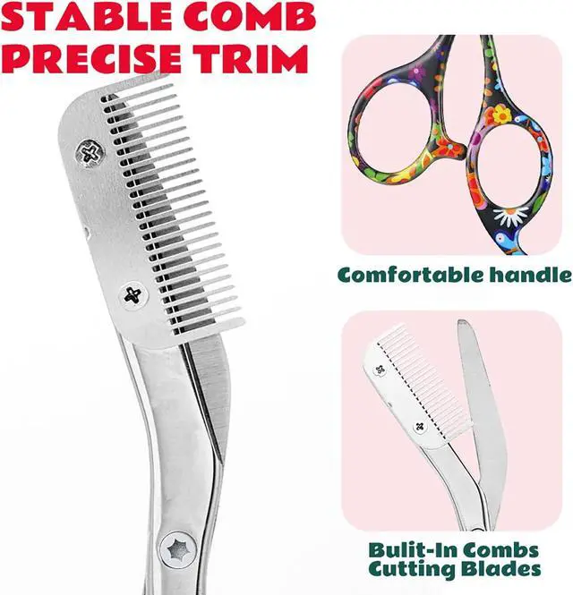 Alt view image 2 of 7 - Eyebrow Scissors With Comb, Facial Grooming Scissors Kit, Professional Precision Eyebrow Trimmer Scissors,Perfect For Gifts For Women and Men (Black Flower)