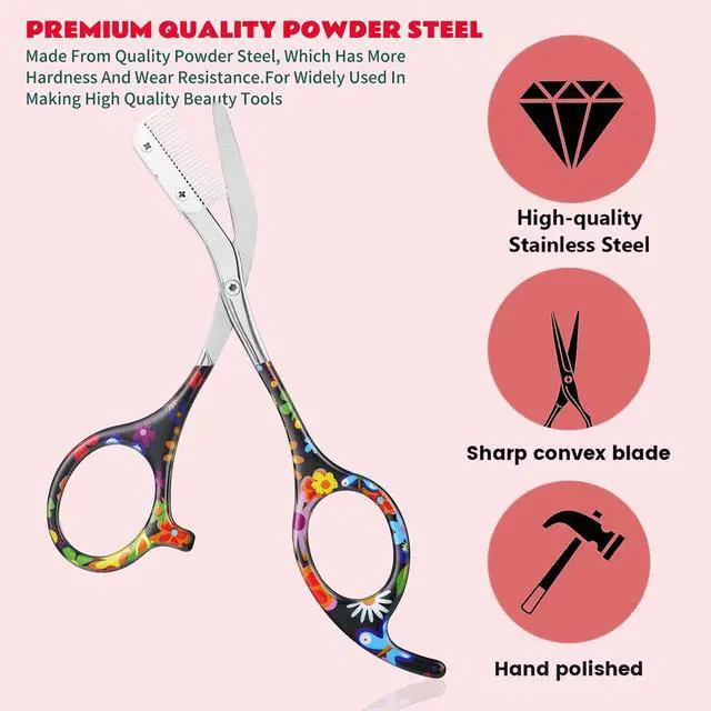 Alt view image 4 of 7 - Eyebrow Scissors With Comb, Facial Grooming Scissors Kit, Professional Precision Eyebrow Trimmer Scissors,Perfect For Gifts For Women and Men (Black Flower)
