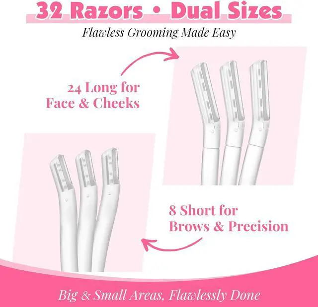 Alt view image 3 of 7 - 32-Pack Face Razors for Women Dermaplane & Eyebrow Razor Set, 24 Long + 8 Short Precision Blades for Peach Fuzz Removal, Gentle Exfoliation, Ideal for Stocking Stuffers (Clear)