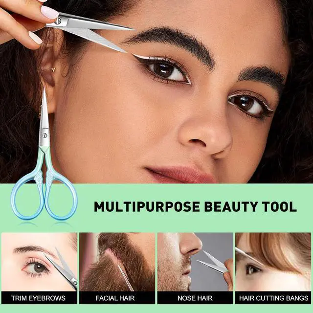 Alt view image 3 of 7 - Small facial hair scissors, stainless steel (blue) versatile retro beauty kit for men's and women's bathrooms, nose hair, eyebrows, eyelashes, beard trim, with PU sheath