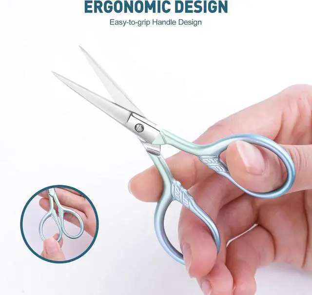 Alt view image 5 of 7 - Small facial hair scissors, stainless steel (blue) versatile retro beauty kit for men's and women's bathrooms, nose hair, eyebrows, eyelashes, beard trim, with PU sheath