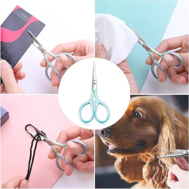 Alt view image 6 of 7 - Small facial hair scissors, stainless steel (blue) versatile retro beauty kit for men's and women's bathrooms, nose hair, eyebrows, eyelashes, beard trim, with PU sheath