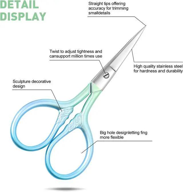 Alt view image 7 of 7 - Small facial hair scissors, stainless steel (blue) versatile retro beauty kit for men's and women's bathrooms, nose hair, eyebrows, eyelashes, beard trim, with PU sheath