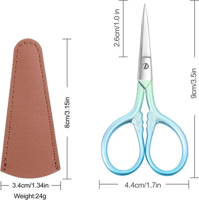 Alt view image 4 of 7 - Small facial hair scissors, stainless steel (blue) versatile retro beauty kit for men's and women's bathrooms, nose hair, eyebrows, eyelashes, beard trim, with PU sheath