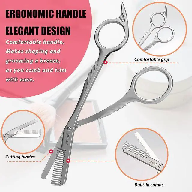Alt view image 2 of 7 - Eyebrow Trimming Scissors with Combs, Powder Steel, Silver