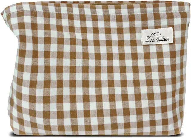 Alt view image 8 of 9 - HAPPYHEIDI Khaki Gingham Cotton Makeup Bag Cosmetic Travel Pouch with Bottom, Make Up Purse Organizer, Zipper Closure, Canvas Lined