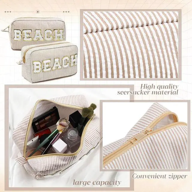 Alt view image 3 of 7 - Sanwuta Seersucker Cosmetic Bags Beach Chenille Letter Bag Seersucker Makeup Bags Stripe Pouch Large Preppy Storage Pouch Toiletry Travel Organizer for Women Gift