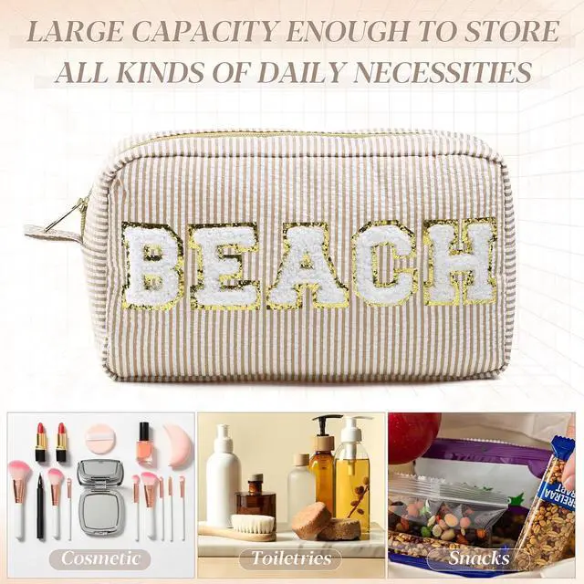 Alt view image 4 of 7 - Sanwuta Seersucker Cosmetic Bags Beach Chenille Letter Bag Seersucker Makeup Bags Stripe Pouch Large Preppy Storage Pouch Toiletry Travel Organizer for Women Gift