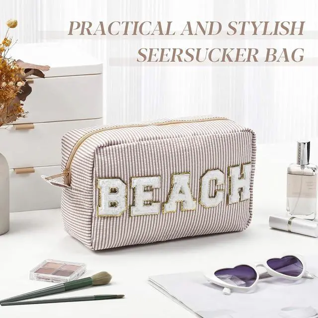 Alt view image 5 of 7 - Sanwuta Seersucker Cosmetic Bags Beach Chenille Letter Bag Seersucker Makeup Bags Stripe Pouch Large Preppy Storage Pouch Toiletry Travel Organizer for Women Gift