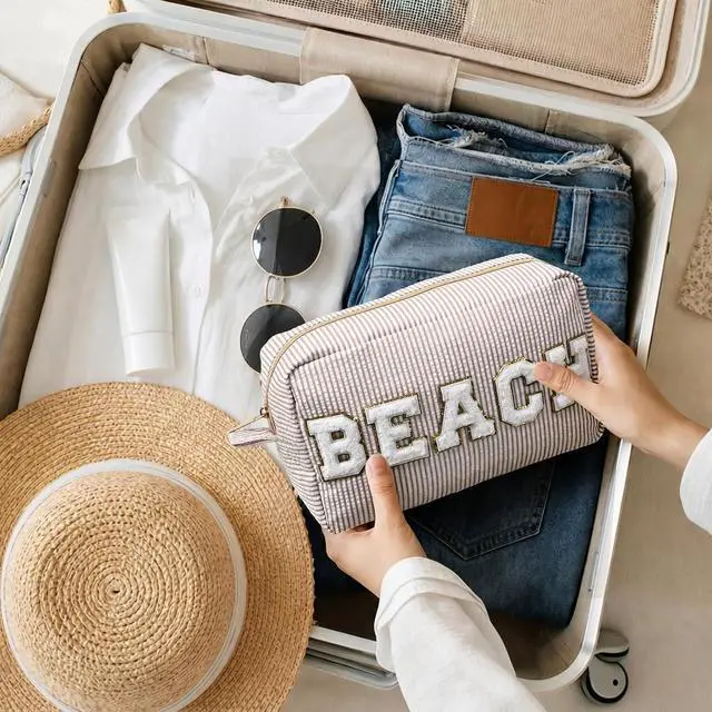 Alt view image 7 of 7 - Sanwuta Seersucker Cosmetic Bags Beach Chenille Letter Bag Seersucker Makeup Bags Stripe Pouch Large Preppy Storage Pouch Toiletry Travel Organizer for Women Gift