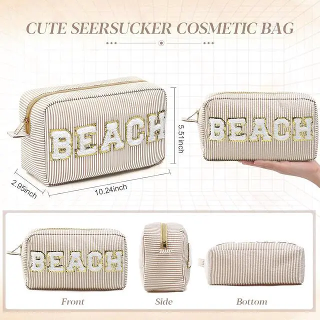 Alt view image 2 of 7 - Sanwuta Seersucker Cosmetic Bags Beach Chenille Letter Bag Seersucker Makeup Bags Stripe Pouch Large Preppy Storage Pouch Toiletry Travel Organizer for Women Gift