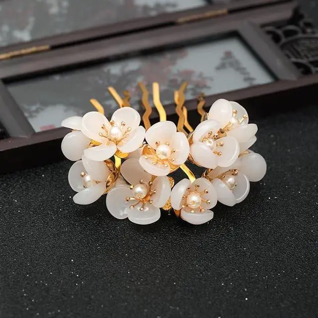Alt view image 4 of 5 - 2pcs Retro Chinese Hanfu Wedding Brides Hair Accessories, Camellia Flower Tassels Hairpin, Crystal Rhinestone Pearl Hair Clips Headpiece, White