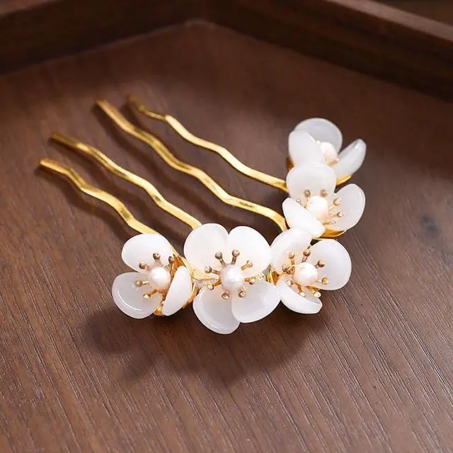 Alt view image 2 of 5 - 2pcs Retro Chinese Hanfu Wedding Brides Hair Accessories, Camellia Flower Tassels Hairpin, Crystal Rhinestone Pearl Hair Clips Headpiece, White