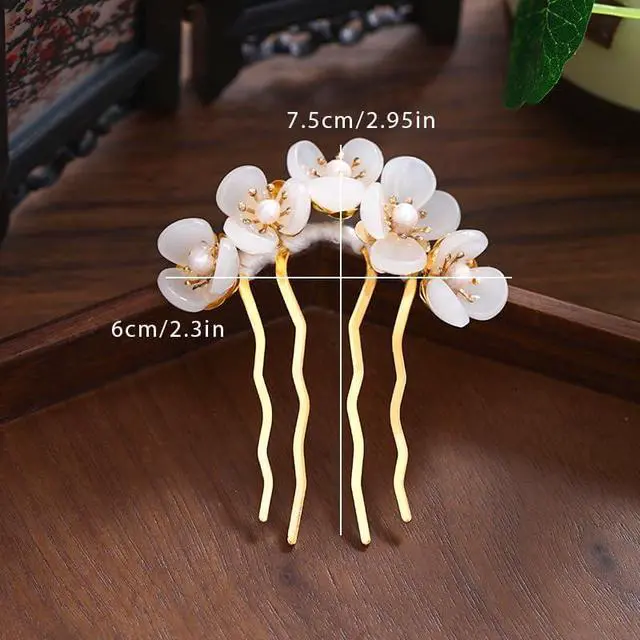 Alt view image 3 of 5 - 2pcs Retro Chinese Hanfu Wedding Brides Hair Accessories, Camellia Flower Tassels Hairpin, Crystal Rhinestone Pearl Hair Clips Headpiece, White