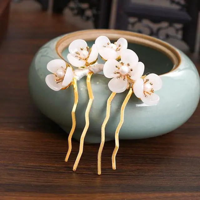 Alt view image 5 of 5 - 2pcs Retro Chinese Hanfu Wedding Brides Hair Accessories, Camellia Flower Tassels Hairpin, Crystal Rhinestone Pearl Hair Clips Headpiece, White
