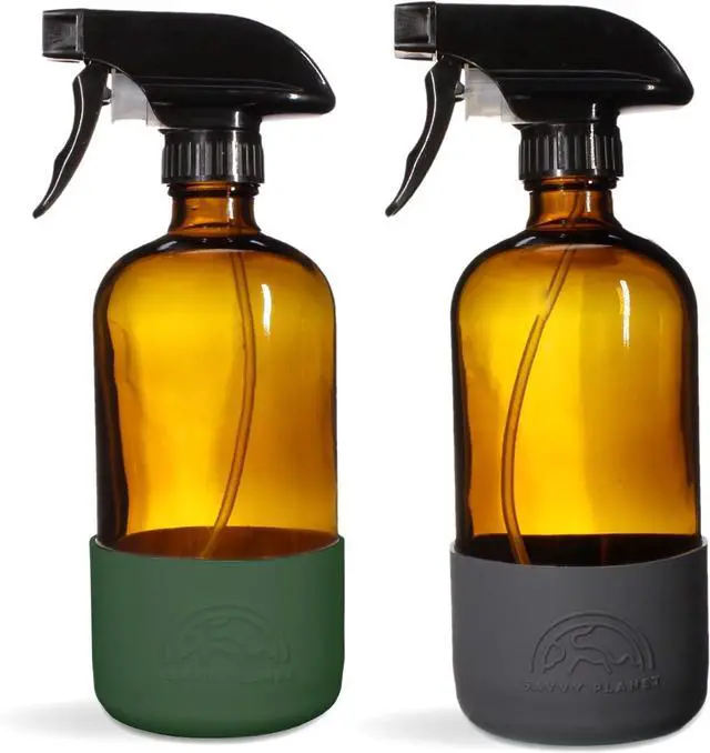 Main image of SAVVY PLANET Empty Amber Glass Spray Bottles with Silicone Sleeve Protection - Refillable 16 oz Containers for Cleaning Products, Essential Oils, Misting Plants - Quality Sprayer - 2 Pack