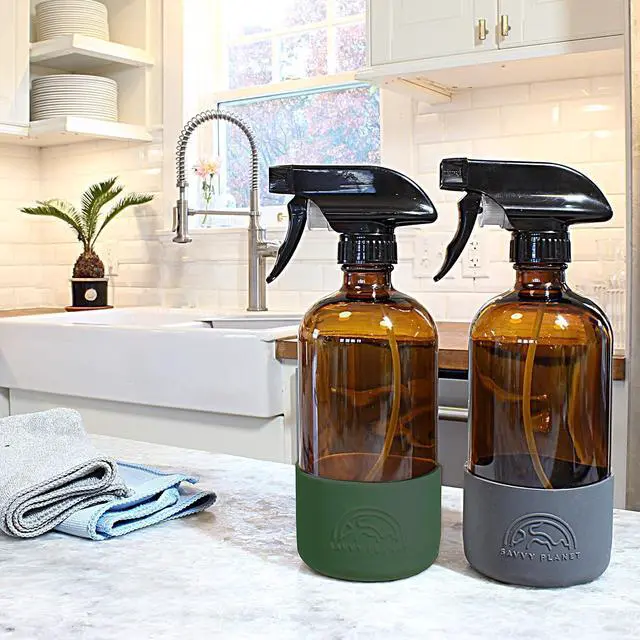 Alt view image 2 of 6 - SAVVY PLANET Empty Amber Glass Spray Bottles with Silicone Sleeve Protection - Refillable 16 oz Containers for Cleaning Products, Essential Oils, Misting Plants - Quality Sprayer - 2 Pack