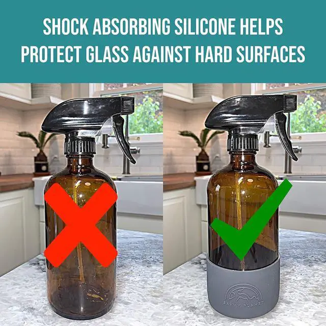 Alt view image 4 of 6 - SAVVY PLANET Empty Amber Glass Spray Bottles with Silicone Sleeve Protection - Refillable 16 oz Containers for Cleaning Products, Essential Oils, Misting Plants - Quality Sprayer - 2 Pack