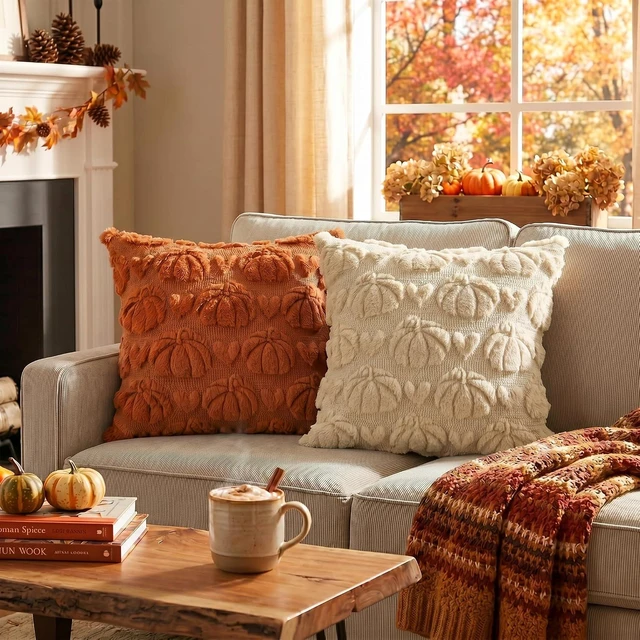 Alt view image 2 of 7 - Caramel Beige Pumpkin Fall Throw Pillow Covers 18x18 Inch