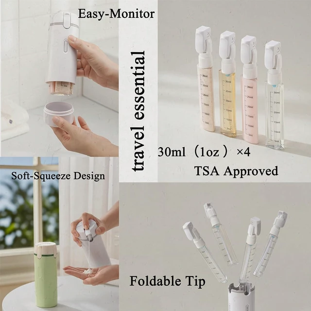 Alt view image 5 of 7 - 4 in 1 Travel Dispenser Bottle, Leak Proof Refillable Travel Toiletry Containers, Travel Bottles Set Meets TSA 3-1-1 Requirements for about 3 Days Business Trip (Per Person), 4 x 30ml, White
