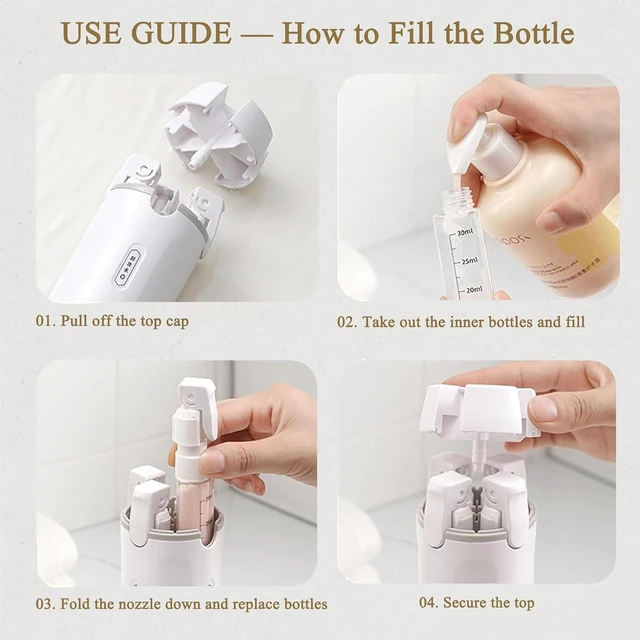 Alt view image 4 of 7 - 4 in 1 Travel Dispenser Bottle, Leak Proof Refillable Travel Toiletry Containers, Travel Bottles Set Meets TSA 3-1-1 Requirements for about 3 Days Business Trip (Per Person), 4 x 30ml, White