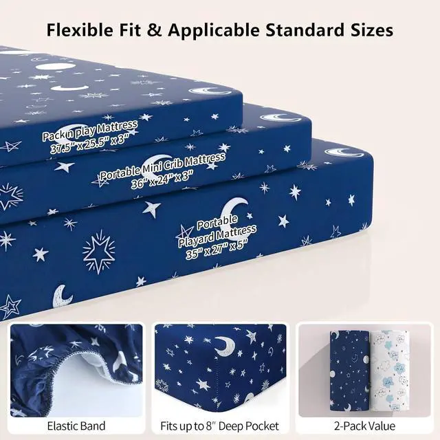 Alt view image 3 of 7 - Pack N Play Sheets Fitted, 2-Pack Fit for Standard Pack N Play Mattress, Mini Crib Sheets,Breathable Soft Unisex Playard Sheets