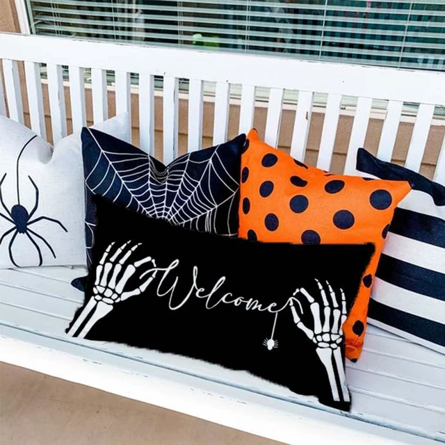 Alt view image 2 of 7 - Black Halloween Pillow Cover 12x20 Skeleton Hand Spider Welcome