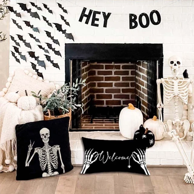 Alt view image 6 of 7 - Black Halloween Pillow Cover 12x20 Skeleton Hand Spider Welcome