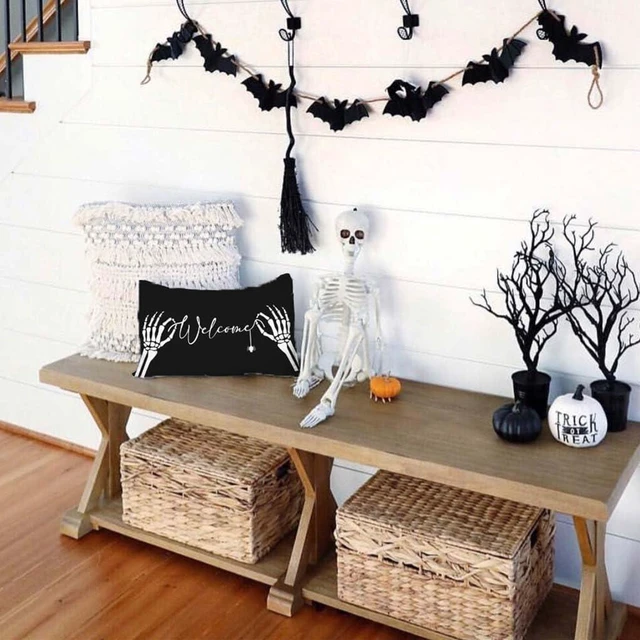 Alt view image 3 of 7 - Black Halloween Pillow Cover 12x20 Skeleton Hand Spider Welcome