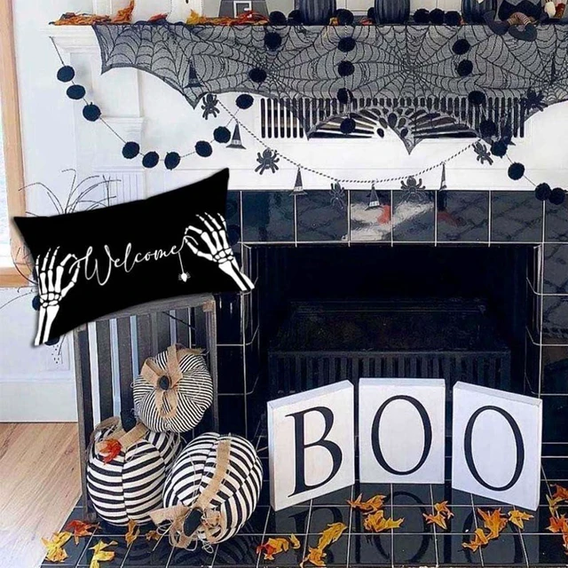Alt view image 5 of 7 - Black Halloween Pillow Cover 12x20 Skeleton Hand Spider Welcome