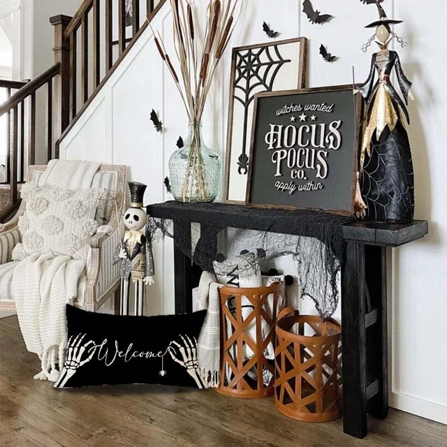 Alt view image 7 of 7 - Black Halloween Pillow Cover 12x20 Skeleton Hand Spider Welcome